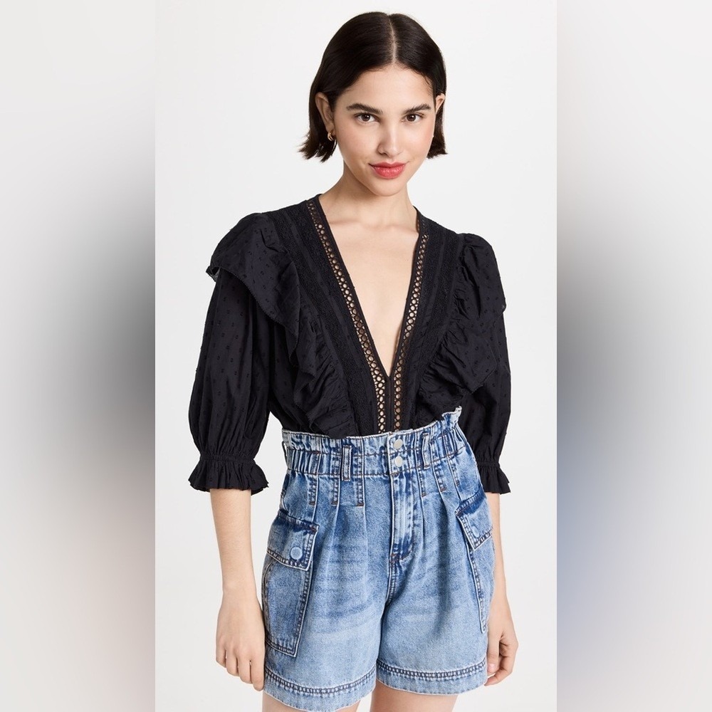 Farm Rio Bodysuit Women Extraโ Small Black Eyelet Swiss Dot Ruffle VNeck Plunge